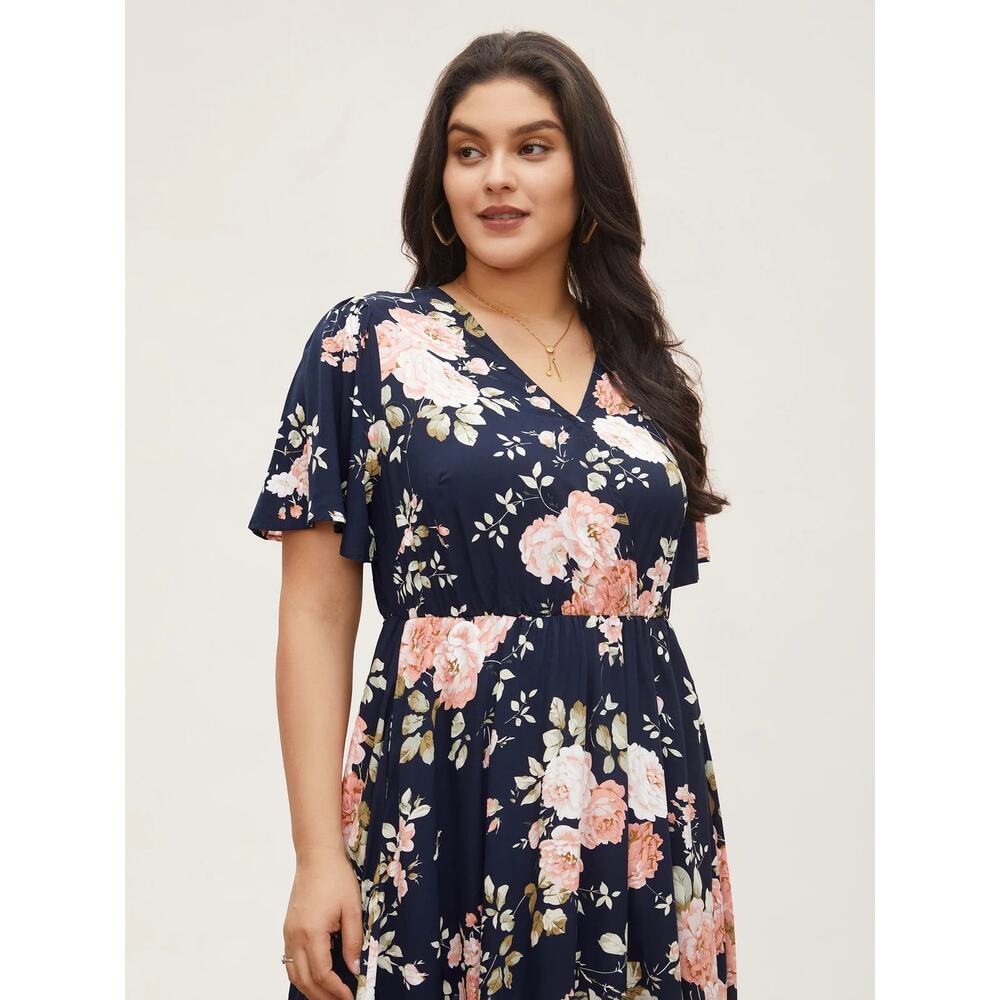 BLOOMCHIC Bloom Ditsy Floral Flutter Sleeve Maxi Dress Plus Size 14 16 Split Leg - Picture 2 of 9